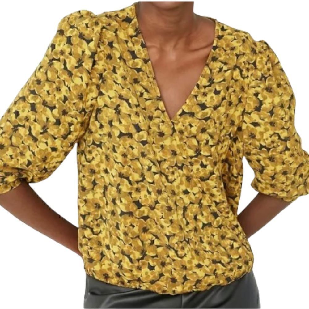 A new day yellow long sleeve v-neck floral wrap blouse